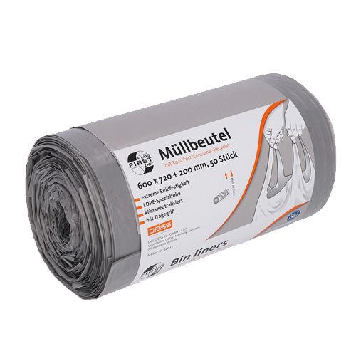 Deiss FIRST PLUS PCR Müllsack mit Tragegriff, 60 Liter, grau